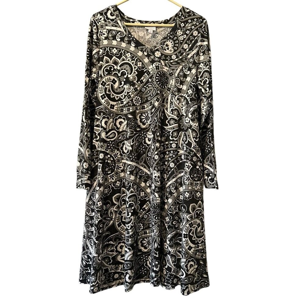 Lularoe Swing Dress Long Black White Paisley Size Medium Classic Mobwife